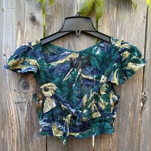 Reformation Blue & Green Tropical Tie Front Ruffle Sleeve Crop Top Size Medium